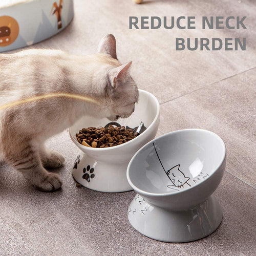 Ceramic Raised Cat Bowls, Slanted Cat Dish Food or Water Bowls, Elevated Porcelain Pet Feeder Bowl Protect Cat'S Spine, Stress Free, Backflow Prevention(Grey)